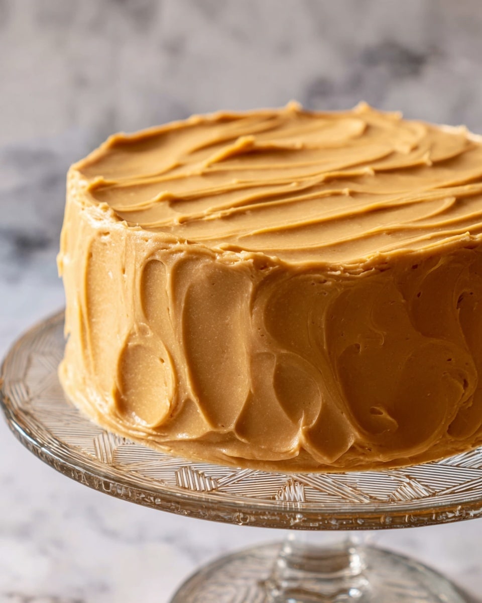 The image shows a two-layer cake covered completely with smooth caramel-colored frosting. The frosting has gentle swirls and ridges on the top surface, creating a soft wave pattern. The sides of the cake are evenly frosted but with a slight textured look from the spreading, showing a rich, creamy consistency. The cake is displayed on a clear glass cake stand with subtle geometric patterns visible at the base, set against a white marbled background. photo taken with an iphone --ar 4:5 --v 7