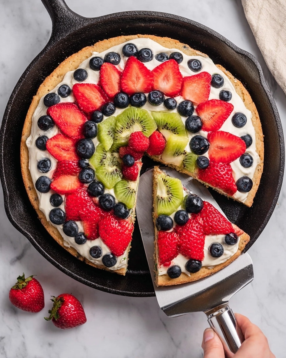 A slice of fruit pizza is being lifted from a black cast iron pan with a woman's hand holding a silver spatula. The pizza has three layers: a thick golden brown base, a smooth thick layer of white cream spread evenly on top, and an arrangement of fresh fruit in circular rows as the top layer. The fruits include bright red strawberry slices, dark blue blueberries, green kiwi slices, and red raspberries, all placed neatly on the cream. Two whole strawberries lie on the white marbled surface near the pan. The photo taken with an iphone --ar 4:5 --v 7
