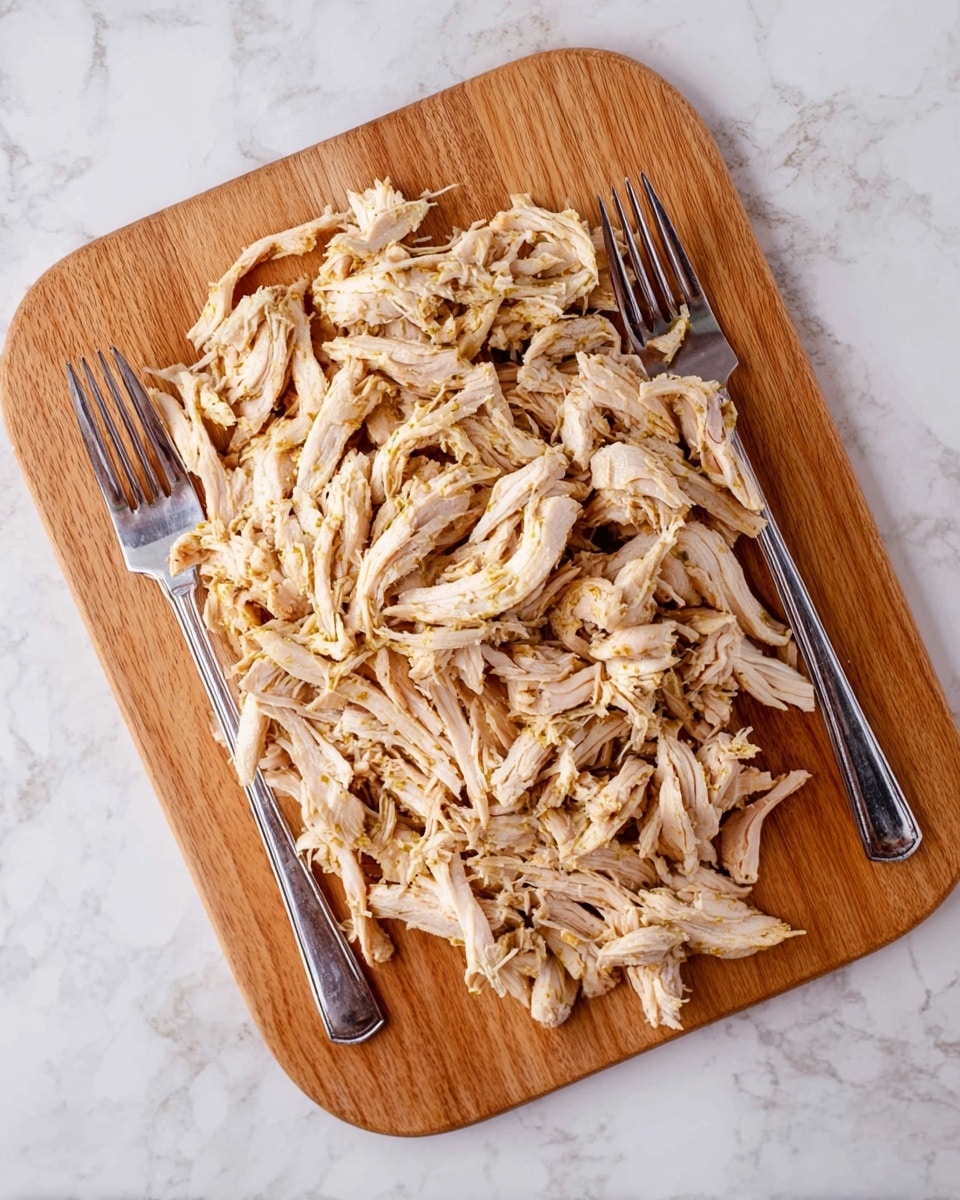 The image shows a wooden cutting board placed on a white marbled surface, filled with shredded pieces of cooked chicken. The shredded chicken pieces are light beige with some golden brown spots, spread evenly across the board. Two metal forks rest on opposite corners of the board with shiny silver tines facing inward over the chicken. The overall texture of the chicken appears tender and fibrous, slightly moist but well separated into strands. photo taken with an iphone --ar 4:5 --v 7