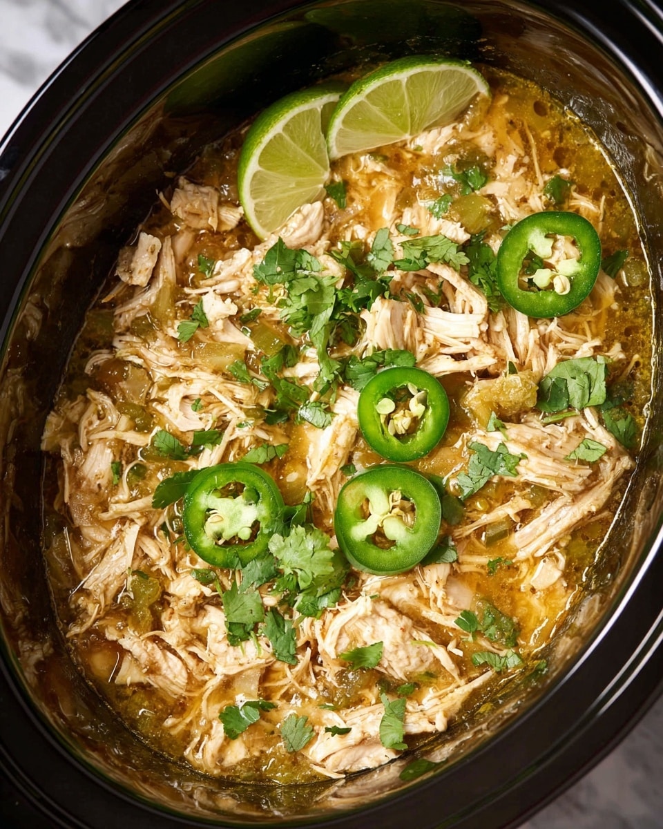 Inside a dark slow cooker, there is a dish made of shredded light brown and white chicken pieces mixed with a yellow-green salsa sauce. On top, there are several bright green slices of jalapeño and chopped fresh cilantro leaves scattered evenly. To the side, there are two lime wedges with light green flesh resting on the chicken and sauce mix. The texture looks soft and moist, with the sauce coating the chicken and pooling slightly at the edges. The background is a white marbled texture. photo taken with an iphone --ar 4:5 --v 7