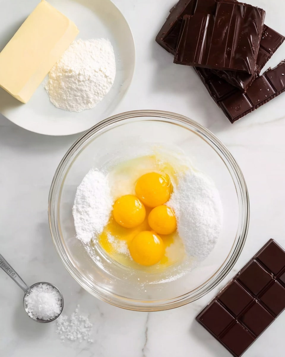A clear glass mixing bowl sits on a white marbled surface, filled with three bright yellow egg yolks mixed with white granulated sugar, showing a slight contrast between the two ingredients. Surrounding the bowl are two dark brown chocolate bars with diagonal lines, a small white round bowl filled with white powdered sugar, a white plate holding a rectangular stick of pale yellow butter, and a silver measuring spoon with white salt at the bottom left. The setting is clean and organized, highlighting the ingredients clearly. photo taken with an iphone --ar 4:5 --v 7