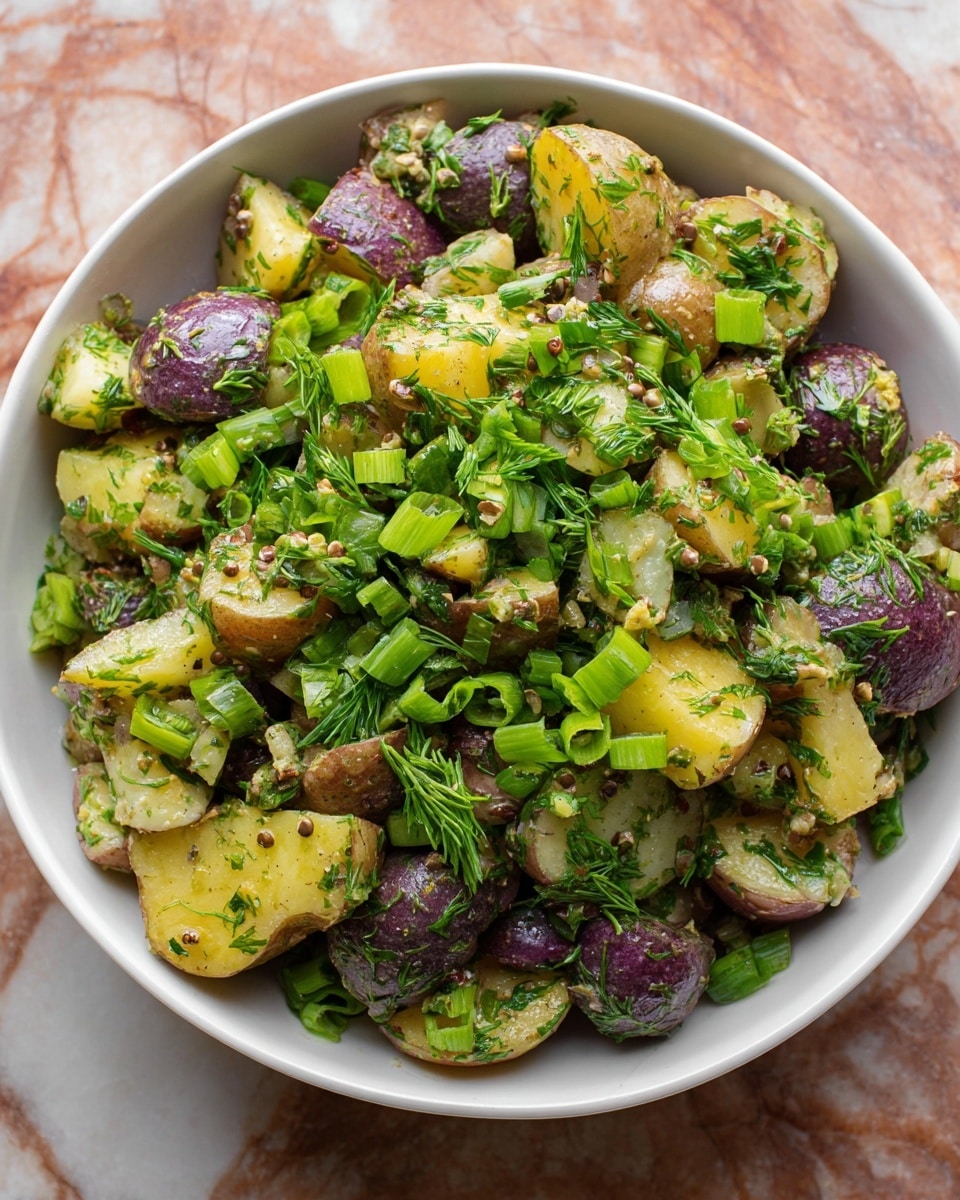 This image shows a close-up of a bowl filled with a chunky potato salad. The salad has about three layers of cubed potatoes with purple and yellow skins, mixed well with finely chopped green herbs like parsley and dill. There are visible pieces of green onions and mustard seeds scattered throughout, giving the texture a speckled look. The potatoes and herbs are coated with a glossy dressing, making the pieces shine. The bowl is white with a brown patterned rim and is placed on a white marbled surface. photo taken with an iphone --ar 4:5 --v 7
