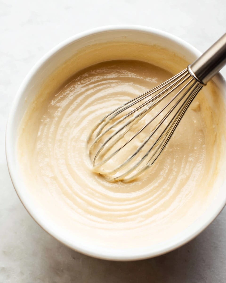 A white bowl filled with smooth, light beige batter is shown from above, with a thin metal whisk inside it. The batter has a creamy texture and is gently swirled with visible circular patterns from the whisk. The white bowl sits on a white marbled surface, creating a clean and bright setting. The metal whisk's thin wires contrast with the soft batter, and the focus is close, capturing the texture details well. photo taken with an iphone --ar 4:5 --v 7