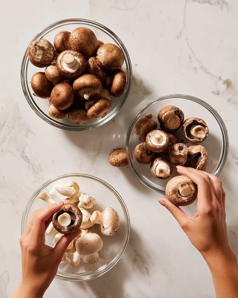 The image shows three clear glass bowls placed on a white marbled surface. The top left bowl is full of whole brown mushrooms with smooth caps, while the top right bowl contains hollowed-out mushroom caps. The bottom bowl holds separated mushroom stems. Two woman's hands are in the lower part of the image, one holding a hollowed mushroom cap and the other holding mushroom stems. The scene gives a sense of mushroom preparation in a clean, bright setting. photo taken with an iphone --ar 4:5 --v 7