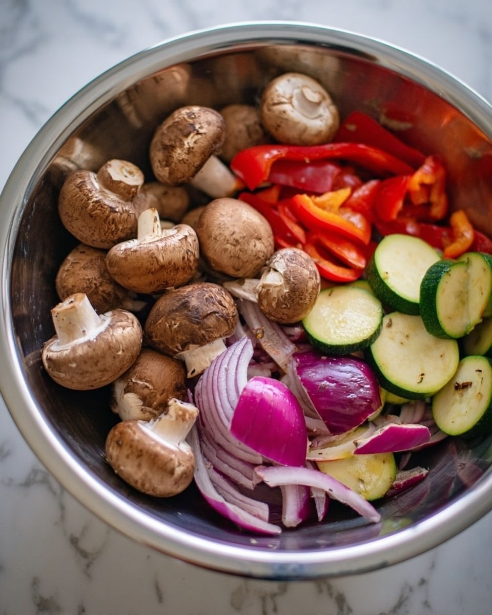 This image shows a metal bowl filled with different raw vegetables. The bowl holds whole brown mushrooms placed mostly on the top layer. Below and mixed with the mushrooms are thick slices of red bell pepper, purple onion, and green zucchini. The vegetables create a colorful mix with brown, red, purple, and green tones. The bowl is placed on a white marbled surface. Photo taken with an iphone --ar 4:5 --v 7