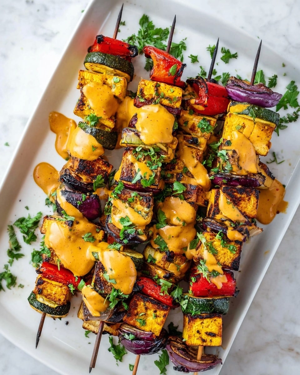 The image shows two skewers stacked on a bed of fresh green arugula and sliced cherry tomatoes in a white bowl. Each skewer has multiple layers alternating with bright orange grilled bell pepper, dark grilled mushrooms, light yellow rounds of grilled squash, and cubes of golden brown grilled tofu or paneer. A creamy, orange sauce is drizzled on the top pieces of the skewers. The background is a soft white marbled surface with a small white bowl and spoon blurred out in the back. photo taken with an iphone --ar 4:5 --v 7