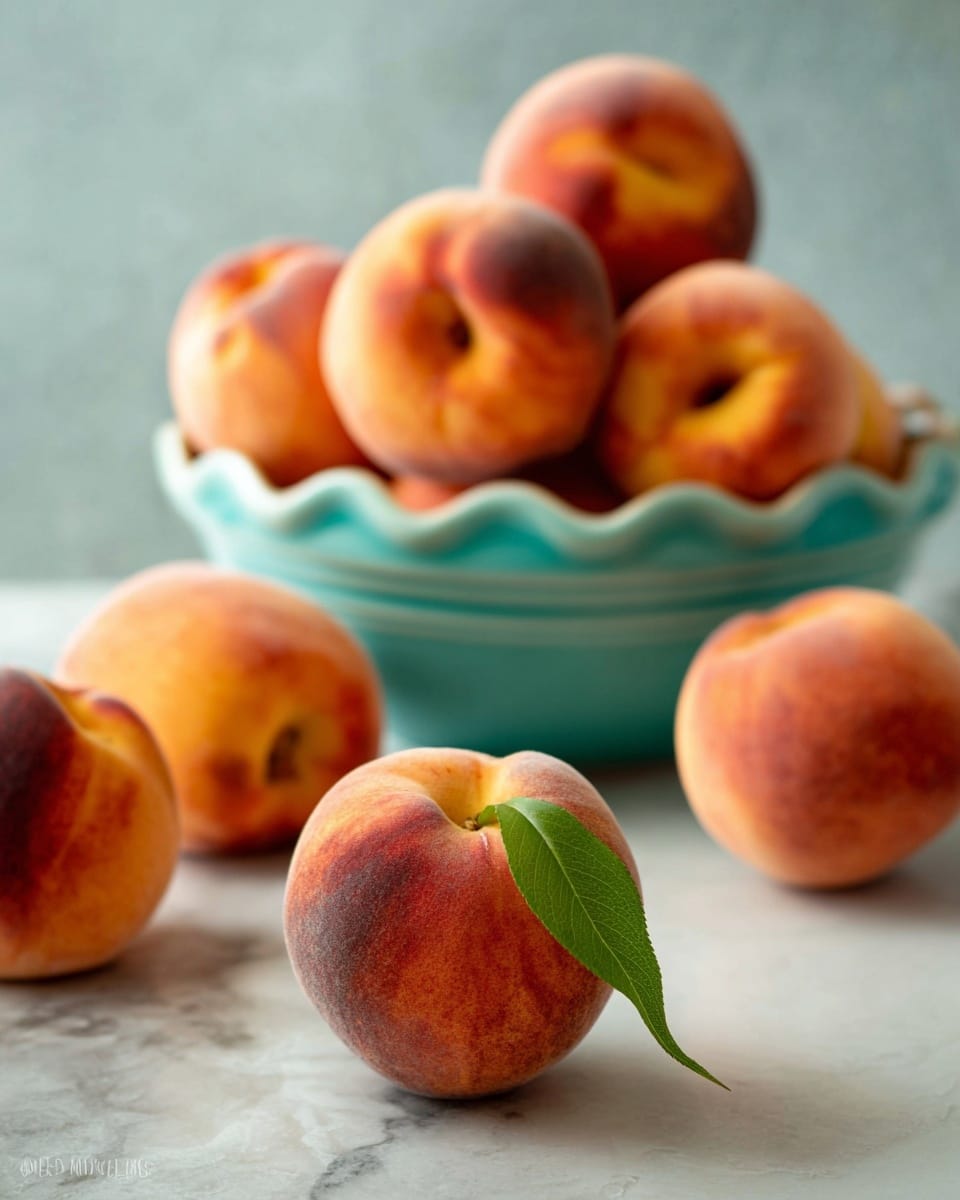 The image shows several peaches with soft, fuzzy skin in shades of orange, yellow, and red. One peach in the front has a green leaf still attached. Most peaches are spread out on a smooth white marbled surface, while a group of peaches sits inside a white bowl with a scalloped edge painted in teal. The colors are warm and natural, the textures of the peaches appear soft, and there is soft natural light illuminating the scene. The focus is sharp on the peach with the leaf and softens towards the background. Photo taken with an iphone --ar 4:5 --v 7