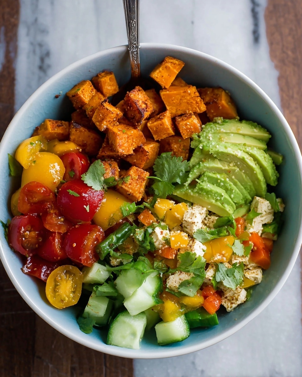 A close-up of a clear plastic takeout container filled with two main layers: on the bottom left, there are charred, cubed sweet potatoes with a dark roasted texture in shades of brown and orange, while the top right shows a colorful mix of crumbled tofu with small chunks of red and yellow bell peppers and green asparagus pieces, topped with a bright green lime wedge and a small sprig of cilantro resting on the edge. The container sits on a white marbled surface. photo taken with an iphone --ar 4:5 --v 7