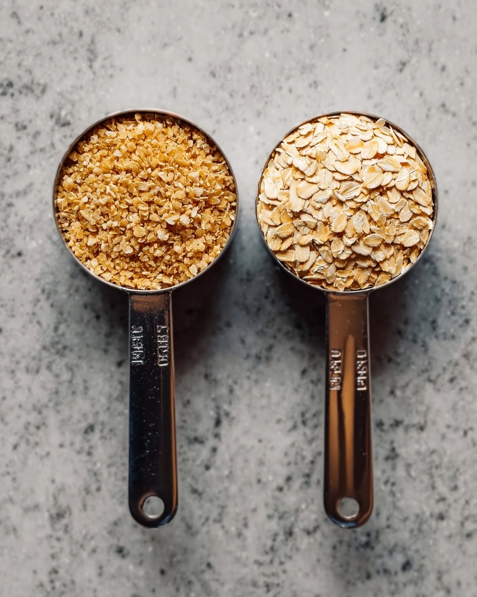 The image shows two metal measuring cups on a white marbled surface. The left cup is filled with small, light brown grains, resembling crushed wheat or a similar grain. The right cup holds pale, flat flakes, similar to oats. Both cups are placed side by side, with their handles pointing downwards, showing measurement marks on the handles. The colors of the grains and flakes contrast with the dark background, making the texture and details clear. photo taken with an iphone --ar 4:5 --v 7