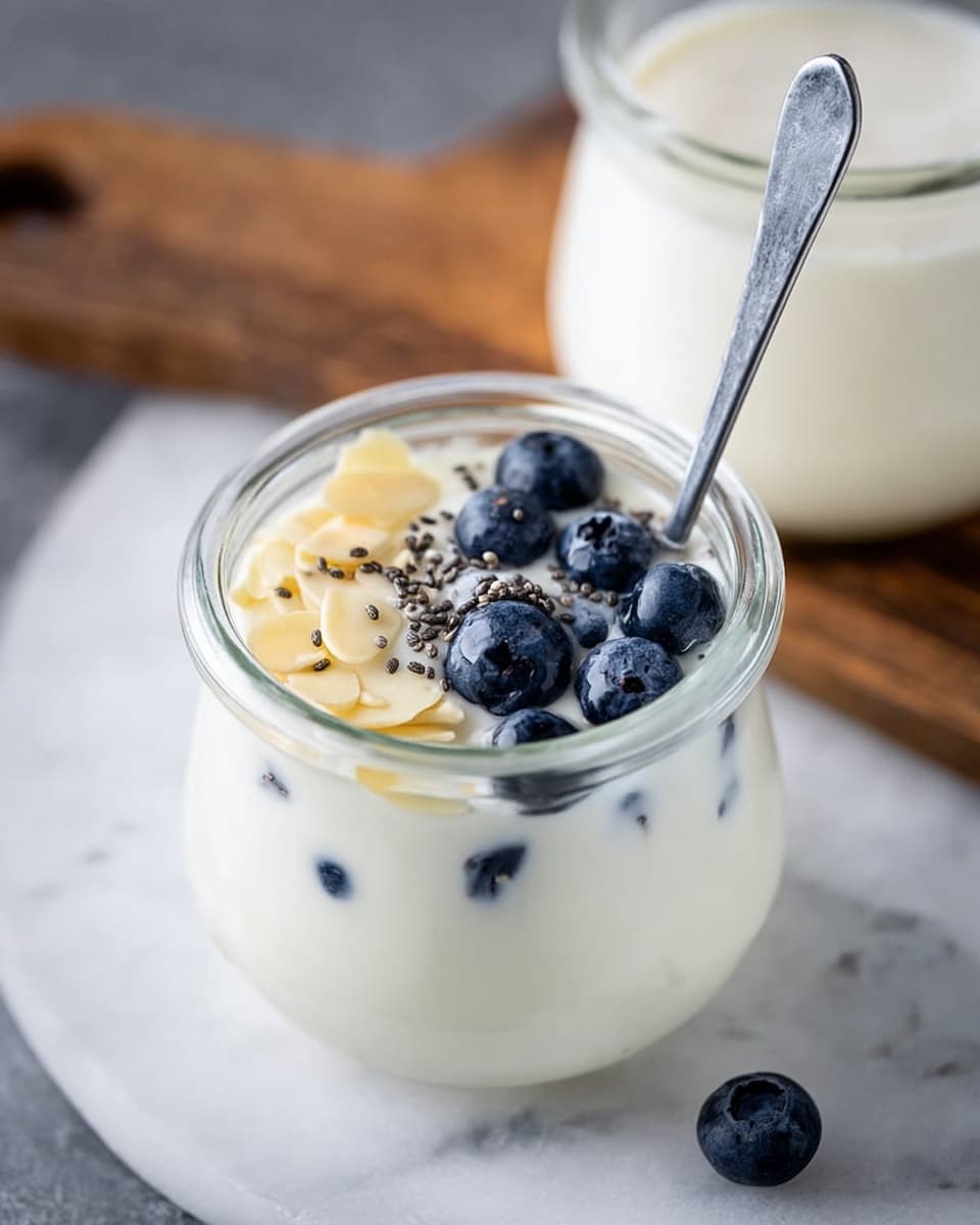 The image shows a clear glass jar filled with creamy white yogurt or milk as the base layer. On top, there are fresh, round, deep blue blueberries clustered on one side, thin, pale yellow almond slices spread on another side, and tiny black chia seeds sprinkled lightly over the surface. A shiny silver spoon stands upright inside the jar, resting against the rim. The jar sits on a white marbled surface, with a second glass jar filled with the same white liquid blurred in the background, as well as a wooden board also out of focus. One dark blue blueberry lies on the white marbled surface near the jar. Photo taken with an iphone --ar 4:5 --v 7