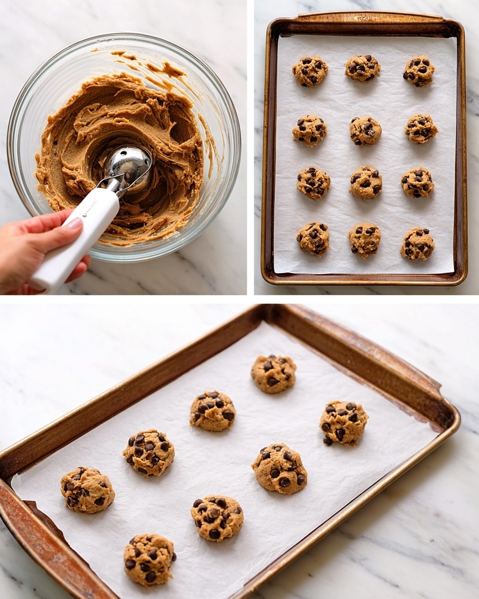 The image shows three stages of making chocolate chip cookies. In the first part, a clear glass bowl with thick brown cookie dough mixed with dark chocolate chips is being scooped with a metal ice cream scoop and a woman's hand holding a white spatula rests inside the bowl. The second part shows small round cookie dough balls spaced out evenly on white parchment paper on a baking tray. The dough balls are textured with chocolate chips visible on the surface. The third part shows the same baking tray with the cookies now baked to a golden brown color, each cookie round and slightly raised with chocolate chips melted into the surface. All elements are placed on a white marbled surface. Photo taken with an iphone --ar 4:5 --v 7