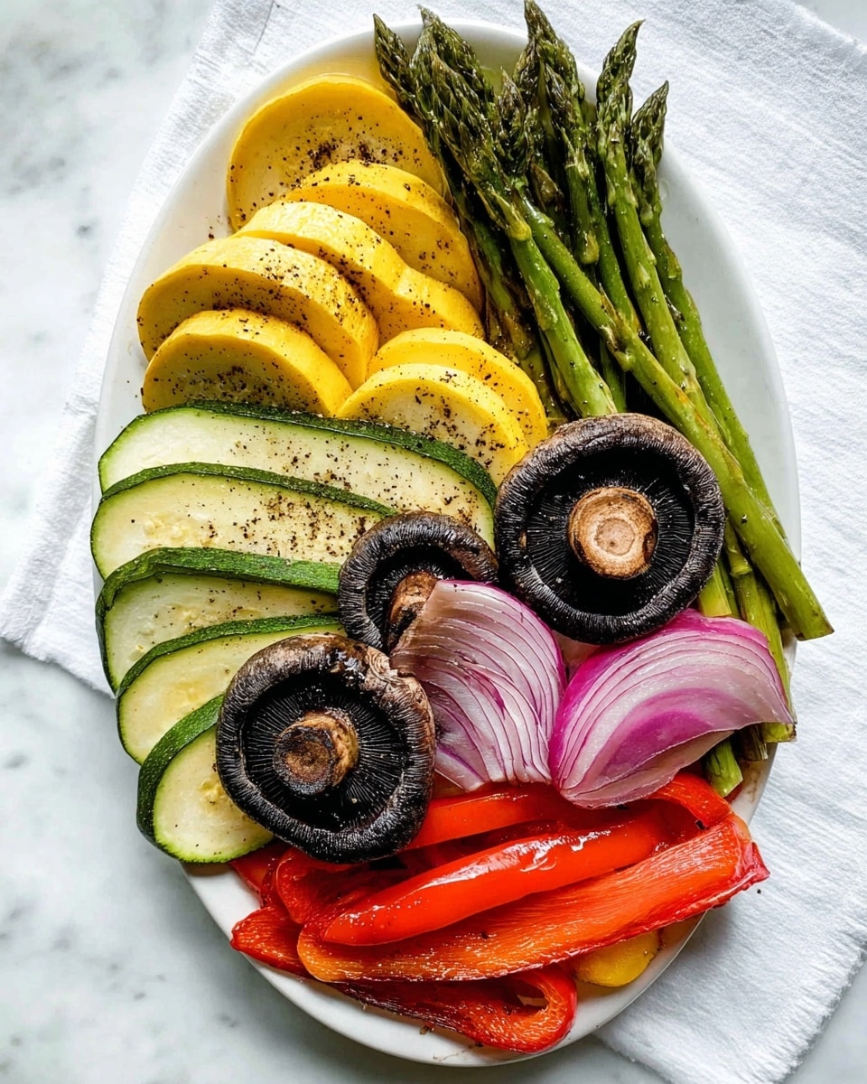 A white oval plate filled with fresh vegetables arranged in layers on a white marbled surface. At the bottom layer, there are green zucchini halves placed diagonally along the edges. On top of the zucchini, there are yellow squash slices sprinkled with black pepper on the left side and thinly sliced red onion rings on the right side. Two large, round portobello mushrooms with visible dark gills are placed near the center right. Bright red bell pepper halves are positioned in the middle and bottom left, slightly overlapping the other vegetables. A bunch of green asparagus spears stands upright at the top right corner. The vegetables have a fresh texture with some black pepper sprinkled on them for seasoning. photo taken with an iphone --ar 4:5 --v 7