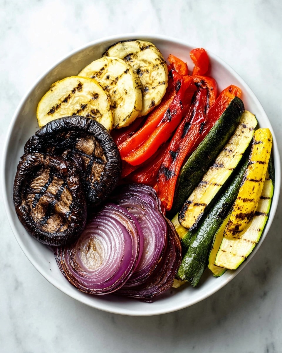 A white bowl sits on a white marbled surface filled with five different grilled vegetables arranged in layers. Starting from the left, there is a large dark brown portobello mushroom with a slightly wrinkled texture. Next to it are round slices of eggplant with light yellow centers and dark grill marks. To the right, there are several rings of purple-red onion with charred edges, layered on top of each other. Above this, thick strips of bright red bell pepper have black grill marks. On the far right, there are long pieces of green zucchini and yellow squash, each with dark grill lines running lengthwise. The colors and textures show clear charring and grilling on each vegetable. photo taken with an iphone --ar 4:5 --v 7