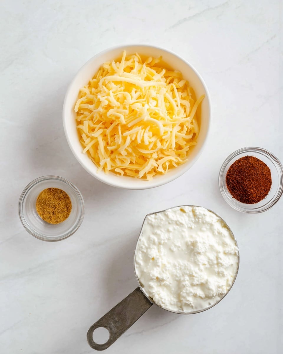 A top view of a white bowl filled with shredded yellow cheese placed on a white marbled surface in the upper center. Below it, slightly to the right, there is a metal measuring cup filled with white cottage cheese, showing a thick and creamy texture. To the left of the cup, there is a small clear glass bowl containing a yellowish-brown spice, and above it to the right, another small clear glass bowl holds a darker brown spice. The clean, simple setting highlights the ingredients clearly. photo taken with an iphone --ar 4:5 --v 7