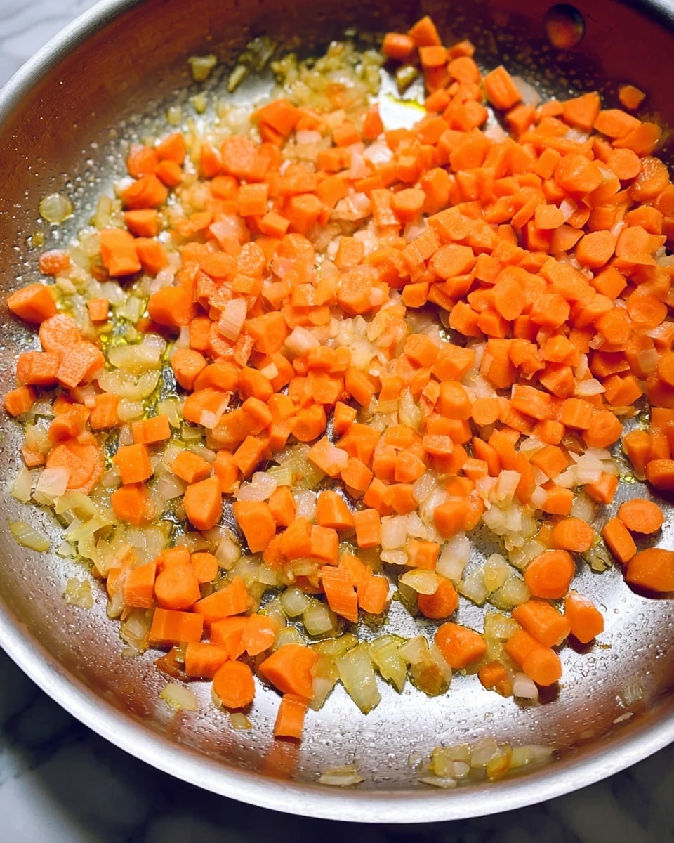 The image shows small orange carrot pieces and translucent yellow onion pieces cooking together in a shiny silver metal pan. The carrots are chopped into small chunks and spread evenly around the pan, mixed with the slightly soft onions. The pan has a smooth texture with light reflecting off its surface. The background is a white marbled texture. photo taken with an iphone --ar 4:5 --v 7
