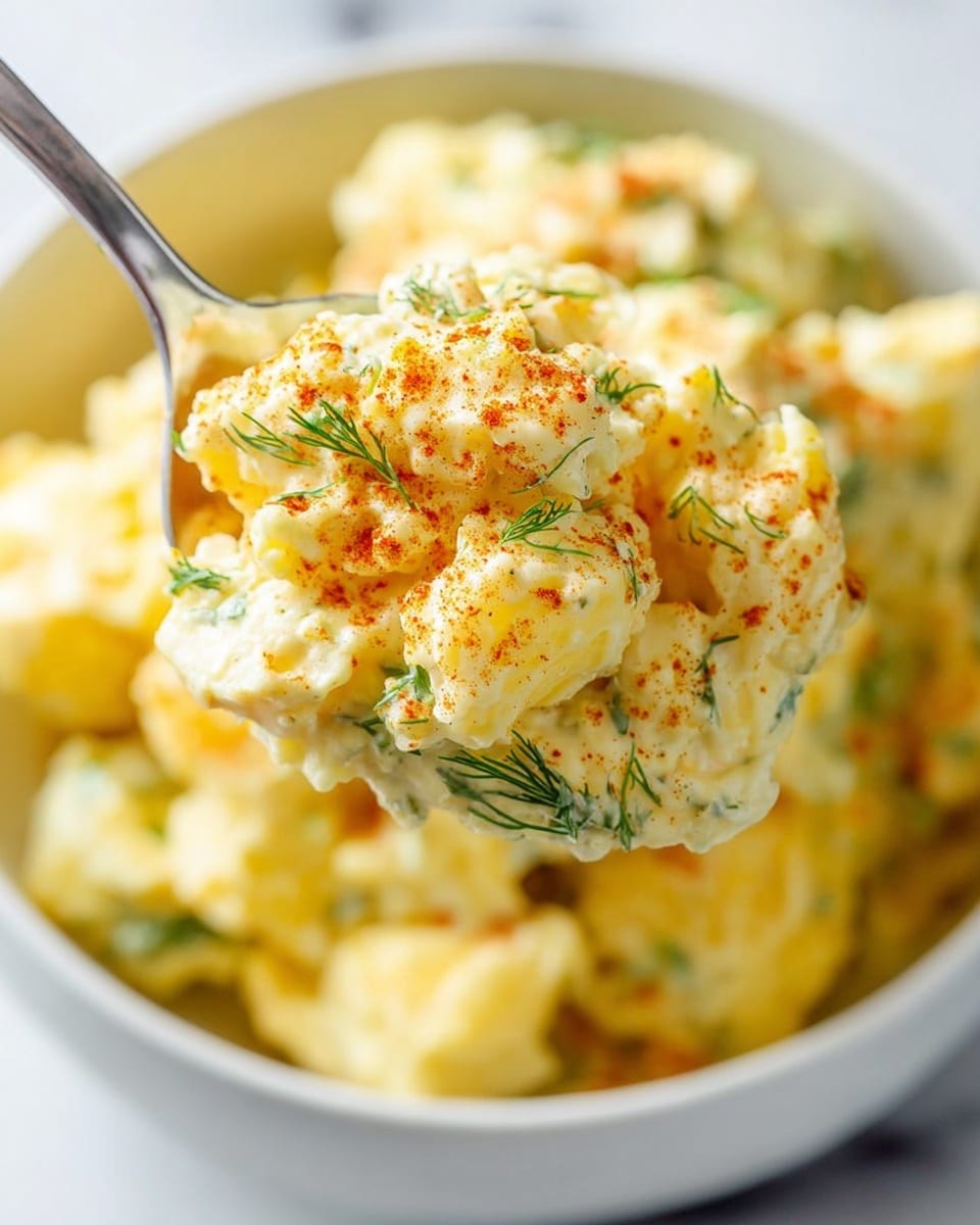 A close-up view shows a spoonful of creamy yellow potato salad, with small chunks of potatoes mixed in a smooth, slightly textured dressing. The salad is sprinkled with green dill and a light dusting of reddish paprika. The spoon is held above a white bowl filled with more of the same potato salad, all set on a white marbled surface. The textures look soft and fresh, with the green dill adding contrast to the pale yellow potato mix. photo taken with an iphone --ar 4:5 --v 7