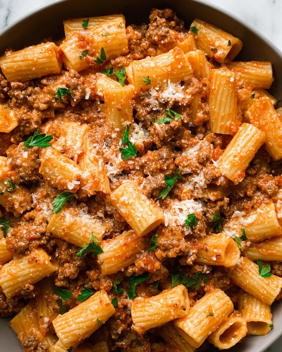 The dish shows a close-up of rigatoni pasta mixed with ground meat and sauce, all coated evenly. The rigatoni is light brown with a smooth texture and tube shape, sitting close together. The ground meat is brown and crumbly, filling spaces between the pasta pieces. The sauce is orange-brown and thick, covering most of the pasta and meat. Small green parsley leaves are scattered on top, adding a touch of color. White grated cheese is sprinkled lightly over the dish, adding texture and brightness. The whole scene is presented against a white marbled background. photo taken with an iphone --ar 4:5 --v 7