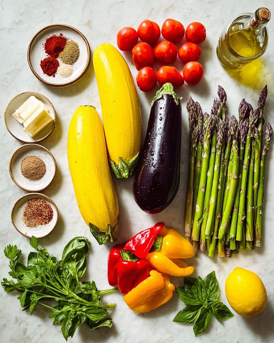 A variety of fresh vegetables and seasonings are neatly spread out on a white marbled surface. In the center, three bright yellow zucchinis lie next to a shiny dark purple eggplant, surrounded by six small red tomatoes arranged in a loose group. To the right, two bunches of green asparagus stand upright, topped with small purple tips. On the left side, there are small plates holding different spices including a red powder, a brown powder, and a mixed brown seasoning, along with a small stack of butter cubes and a clear bottle of olive oil nearby. Colorful mini bell peppers in red, orange, and yellow are clustered next to fresh green basil leaves and a lemon. A sprig of green parsley completes the arrangement on the far right. photo taken with an iphone --ar 4:5 --v 7