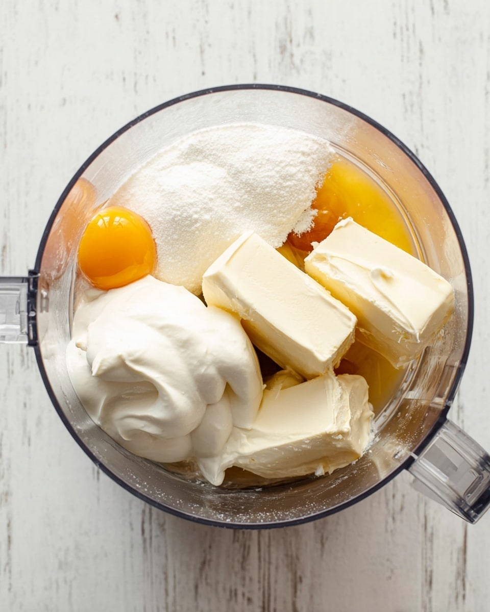 A clear food processor bowl on a white marbled surface contains three visible egg yolks, two long rectangular blocks of light cream cheese, a pile of white sugar, and a dollop of thick white cream, all unmixed and resting on each other with a smooth texture. The bowl’s walls are transparent, showing the ingredients inside clearly. The photo is taken from above, capturing all the details inside the bowl. Photo taken with an iphone --ar 4:5 --v 7