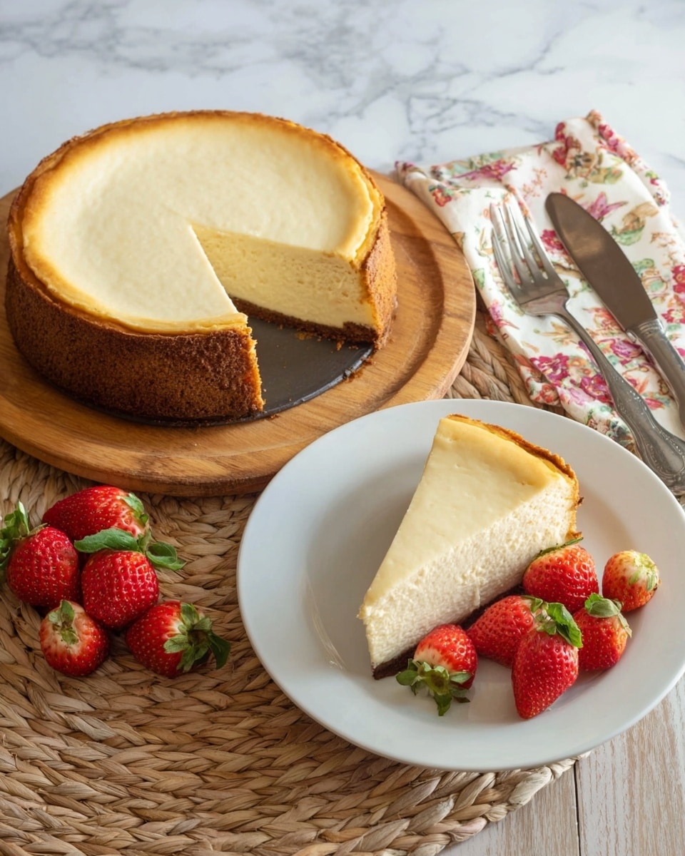 The image shows a creamy cheesecake with a golden brown crust sitting on a round wooden board with a woven mat underneath. Next to it is a white plate holding a single triangular slice of cheesecake at the center, which has a smooth, light cream top layer and a thick brown crust at the bottom. Fresh strawberries, both on the plate around the cheesecake slice and next to the wooden board, add a pop of red color with their green leaves. A white marbled surface serves as the background, with a floral-patterned napkin and a fork and knife placed near the plate. photo taken with an iphone --ar 4:5 --v 7
