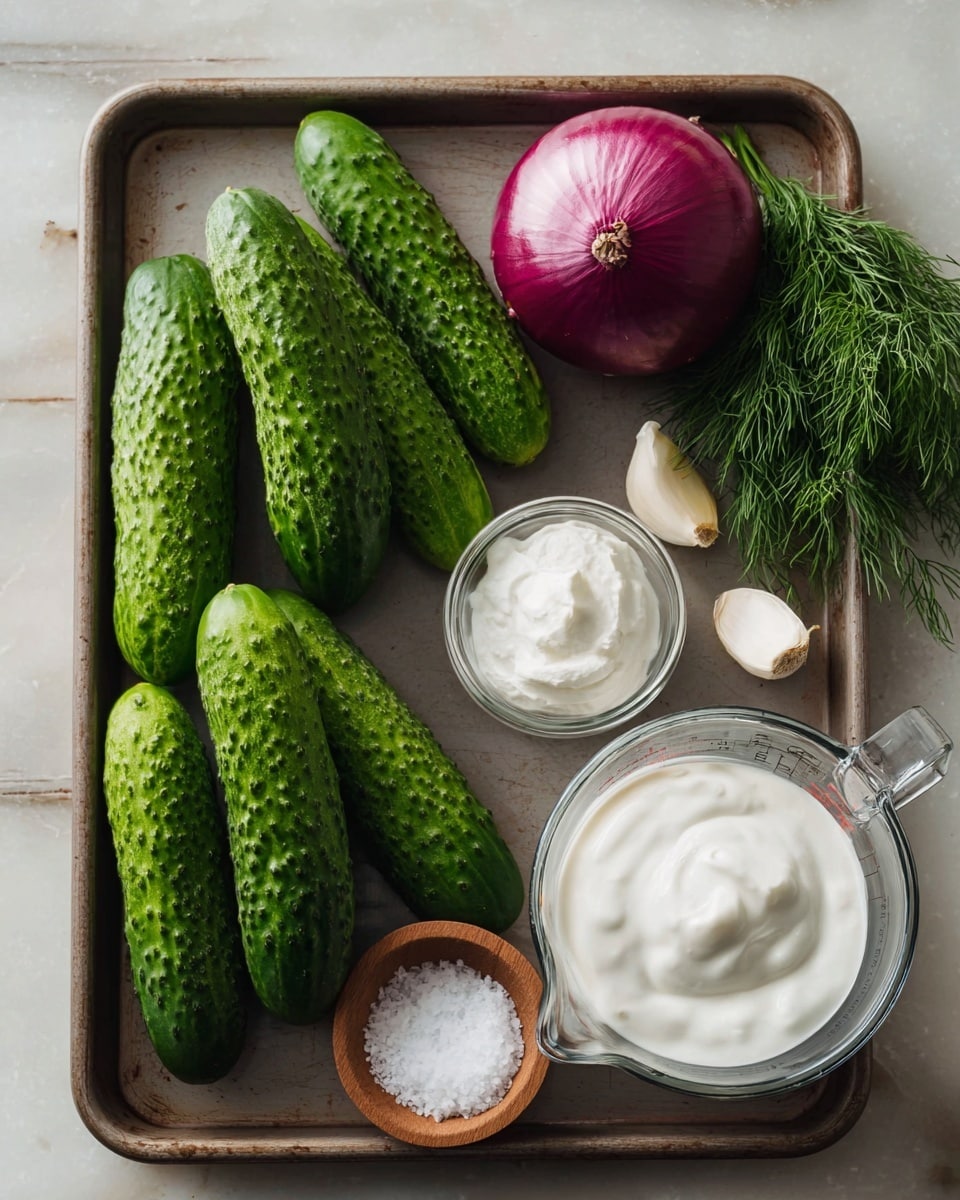 A baking tray holds several fresh green cucumbers with bumpy texture placed on the left side, a whole purple onion with a smooth shiny surface near the top right, a small bunch of green dill resting beside a single peeled garlic clove at the top right corner, a small glass bowl filled with white creamy substance in the center, a small wooden bowl with white salt below it, and a transparent measuring cup filled with thick white cream on the bottom right, all set against a white marbled surface photo taken with an iphone --ar 4:5 --v 7