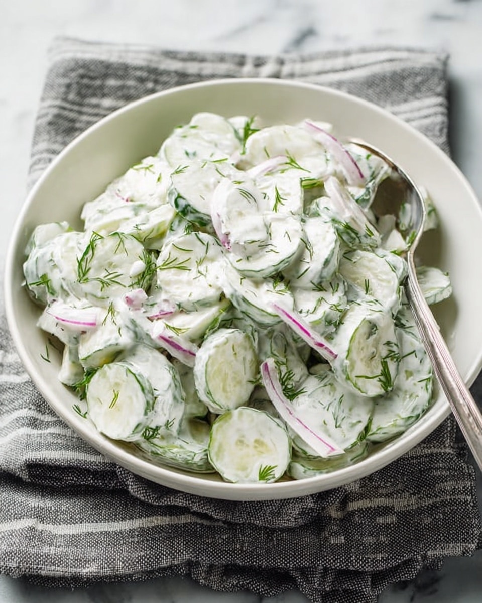 A white bowl filled with a creamy cucumber salad sits on a gray striped cloth over a white marbled surface. The salad has thinly sliced cucumber rounds and small pieces of red onion mixed thoroughly in a thick, white creamy dressing. Bits of green dill are sprinkled evenly throughout the salad, adding small flecks of color. A silver spoon rests inside the bowl, partially buried in the salad. The overall look is fresh and cool with a mix of white, pale green, and touches of purple. photo taken with an iphone --ar 4:5 --v 7