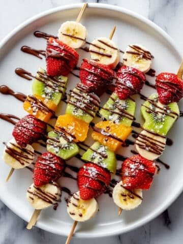 Rainbow Fruit Skewers with Melted Chocolate and Flaky Sea Salt Recipe