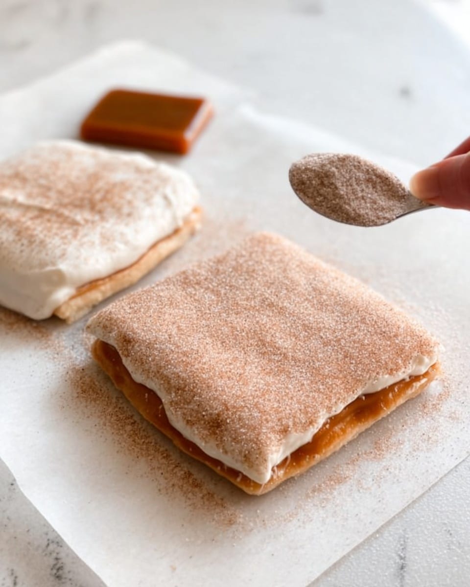 The image shows two square pastries on a white marbled surface, each dusted evenly with a light brown powder, likely cinnamon sugar. The pastry on the left is topped with a thick layer of white frosting that drips slightly over the edges, while the pastry on the right is plain but fully covered with the same dusting. Behind them are two square, dark brown caramel pieces on white parchment paper. A spoon filled with the light brown powder is held above the items by a woman's hand, ready to sprinkle more. The scene is bright and clean, with a soft focus on the textures of the powdered topping and smooth caramel pieces, photo taken with an iphone --ar 4:5 --v 7