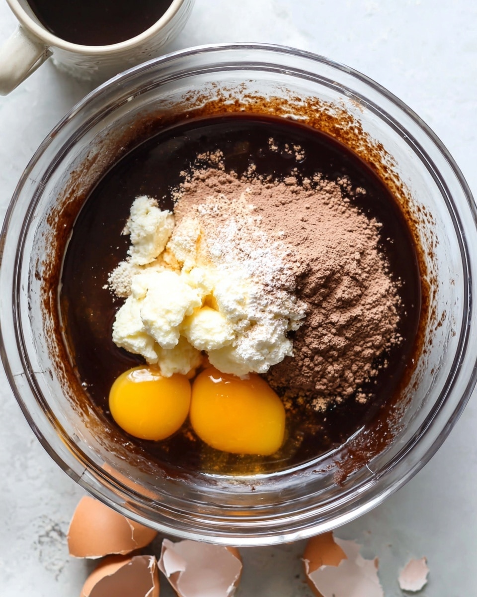 A clear glass bowl sits on a white marbled surface, filled with layers of ingredients for a baking mix. The bottom layer is dark brown shiny liquid, likely chocolate or cocoa mixed with a wet ingredient. On top, there are two bright yellow egg yolks partially submerged in the liquid near the right side. Near the center and left side, there is a pile of light brown powder, probably cocoa or baking mix. Whites soft and creamy dollops, possibly cream cheese or sour cream, rest in the middle of the bowl. Around the bowl on the surface are broken light brown eggshells. In the top left corner, there is a small portion of a white cup or bowl with a dark liquid inside. Photo taken with an iphone --ar 4:5 --v 7
