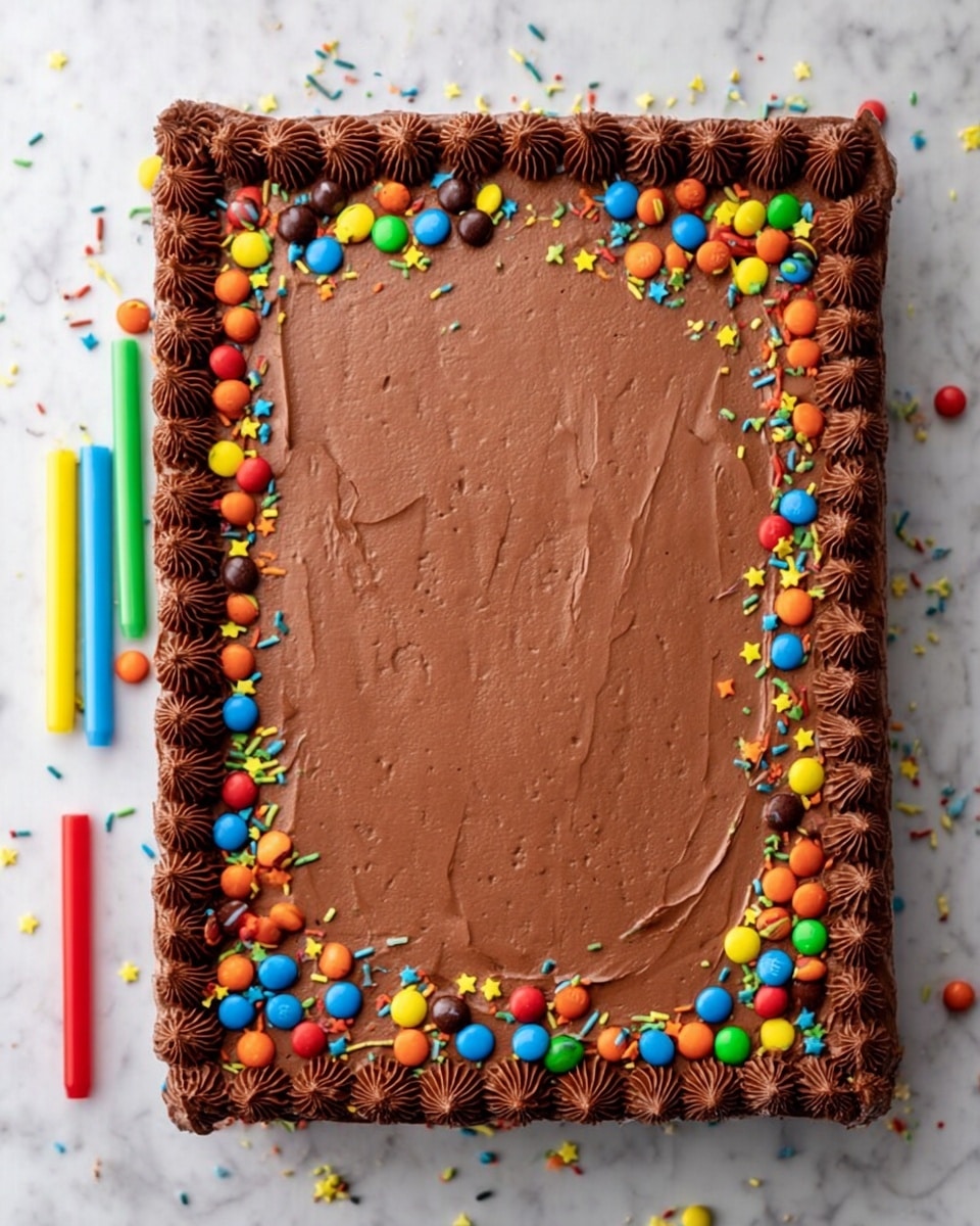 The image shows a slice of chocolate cake with two dark brown layers and a smooth light brown cream layer in between, topped with chocolate frosting and colorful candy pieces scattered on top and around the slice. A lit red twisted candle stands tall in the center on top of the cake. The slice is on a white round plate with a silver fork next to it on a white marbled surface. In the background, there are blurred similar chocolate cake slices with colorful candies on top. photo taken with an iphone --ar 4:5 --v 7