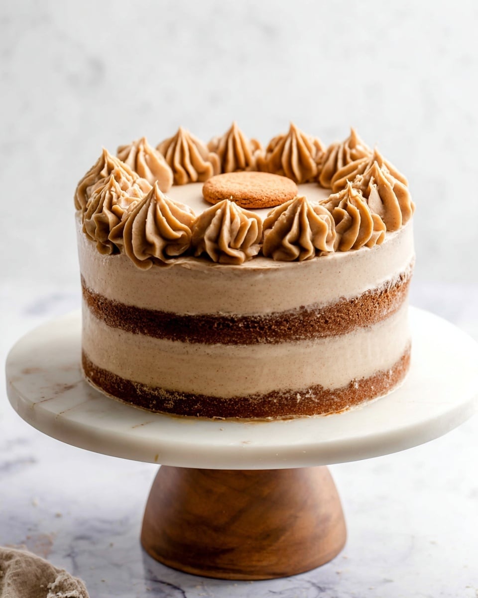 The image shows a three-layer round cake on a white marble cake stand with a wooden base. Each layer is light brown with a smooth, thin layer of darker brown frosting in between, giving a slightly see-through effect on the sides. The top of the cake has a thick ring of swirled light brown frosting around the edge, with smaller swirled spikes inside the ring, and a single round cookie placed in the center. The background is a white marbled texture. Photo taken with an iphone --ar 4:5 --v 7