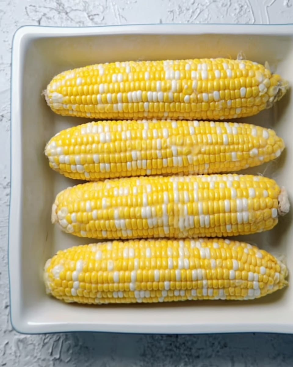 Four ears of yellow and white corn with kernels arranged in rows lie side by side in a white rectangular baking dish. The corn pairs are aligned horizontally with the ends slightly overlapping each other, showing a firm texture. The background has a white marbled texture. photo taken with an iphone --ar 4:5 --v 7