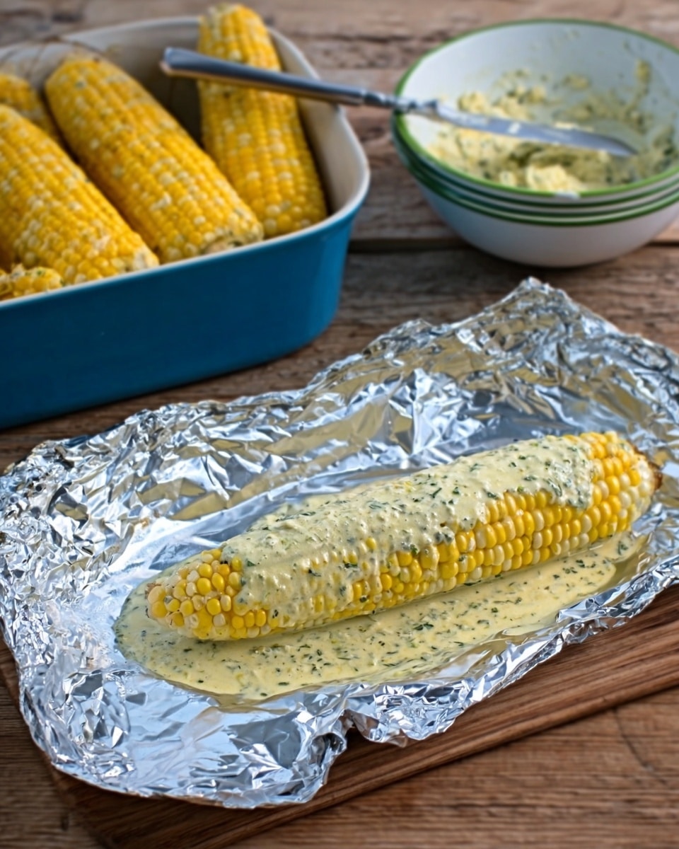 The image shows a single ear of corn placed in the middle of a piece of aluminum foil on a wooden surface, covered with a creamy yellow mixture with herbs spread evenly over it. Behind the foil, there is a blue ceramic container filled with several ears of plain corn. To the right, a white bowl with a green rim holds more of the same creamy herb mixture and a butter knife resting inside. The setting is simple and focuses on the preparation of the corn on the foil. Photo taken with an iphone --ar 4:5 --v 7