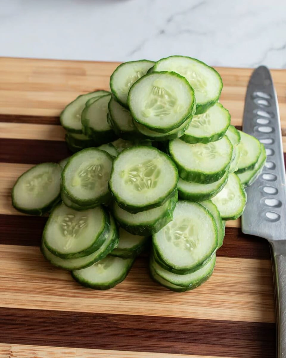 The image shows many slices of cucumber stacked in a loose pile on a wooden cutting board with light and dark brown stripes. The cucumber slices are round, light green on the inside with darker green edges, and the seeds are visible in a star pattern in the center of each slice. To the right of the pile is a silver knife with holes in the blade. The surface under the cutting board is a white marbled texture. photo taken with an iphone --ar 4:5 --v 7