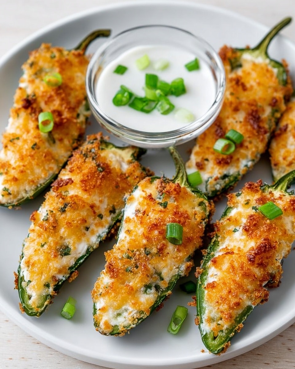 The image shows a white plate filled with six stuffed jalapeños, each cut in half lengthwise and filled with a creamy white mixture topped with a golden brown crispy layer. The stuffed jalapeños have a crunchy texture on top with some small green herbs sprinkled inside the filling. In the middle of the plate, there is a small clear bowl of white dipping sauce garnished with sliced green onions. A few sliced green onions are also scattered over the jalapeños. The plate is placed on a white marbled surface. photo taken with an iphone --ar 4:5 --v 7