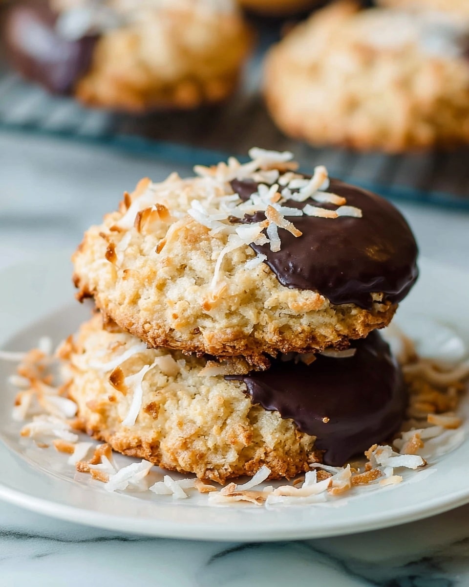 The image shows six round cookies on a metal cooling rack placed over a white marbled surface. Each cookie has two visible parts: a light golden-brown half with a rough texture and some small white chunks, and a dark chocolate-covered half that is smooth and shiny. The chocolate side is topped with scattered toasted coconut flakes, adding white and light brown colors and a delicate texture contrast. Some toasted flakes are also scattered on the cooling rack and marbled surface beneath. The cookies are evenly spaced and arranged in two columns of three rows each. photo taken with an iphone --ar 4:5 --v 7