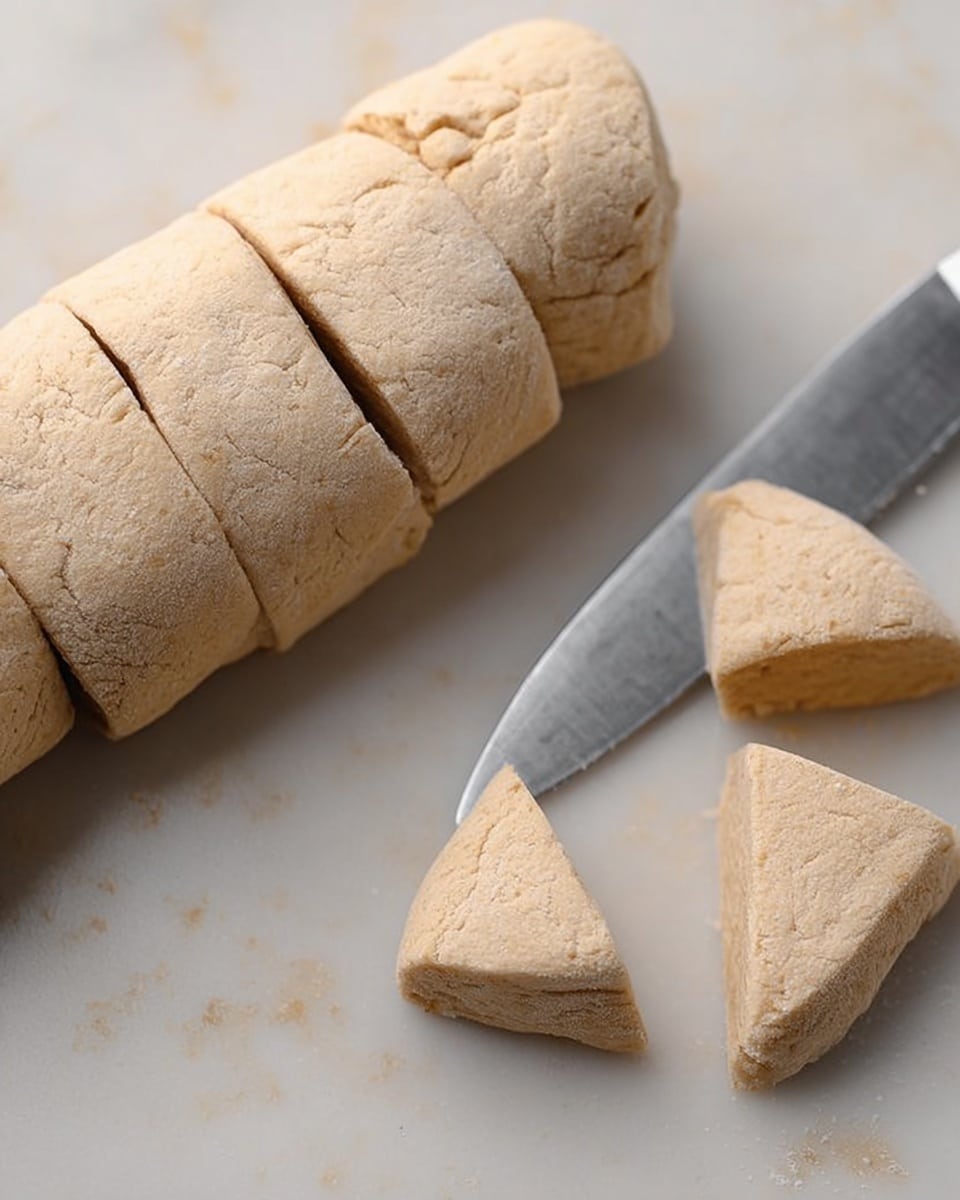 A close-up of dough rolled into a thick log with shallow slits across the top, sitting on a smooth white marbled surface. Next to the dough roll are three small, light beige dough pieces cut into triangular shapes, arranged near the sharp silver knife blade resting on the surface. The dough has a soft, slightly rough texture, appearing fresh and pliable. photo taken with an iphone --ar 4:5 --v 7