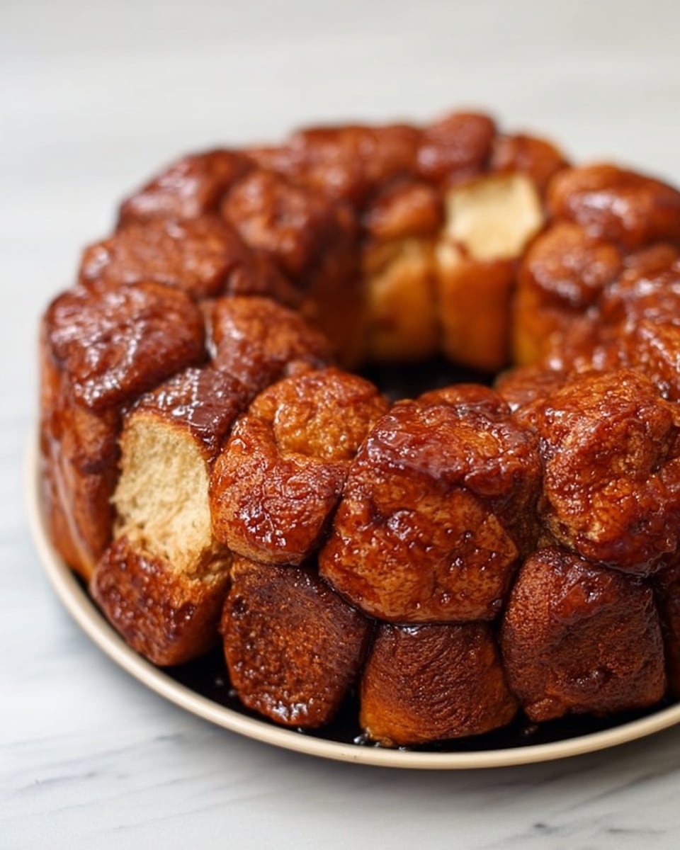 The image shows a round bread pull-apart cake placed on a white plate. The cake is made of many small bread pieces clustered tightly together. The pieces have a shiny, dark caramel-brown color on top with some parts showing a soft, light beige inside. The texture looks sticky and glossy, with the bread pieces appearing fluffy and slightly sticky where they pull apart. The plate sits on a white marbled surface. The close-up view highlights the contrast between the shiny top and the soft inner bread. Photo taken with an iphone --ar 4:5 --v 7