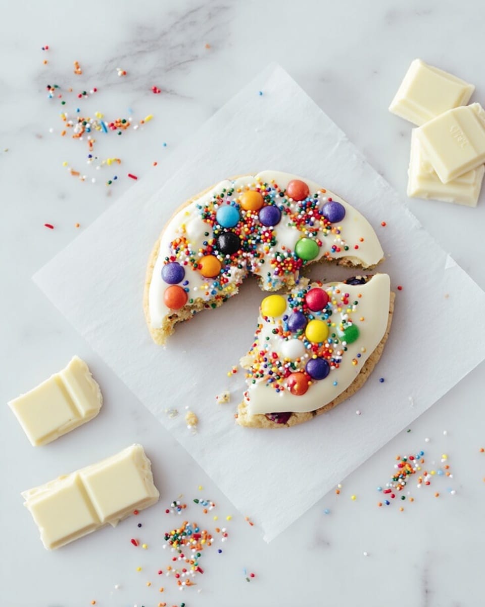 A cooling rack holds twelve round cookies, each about the same size but with different toppings and textures. Two cookies are brightly covered in multicolored sprinkles with colorful candy pieces on top, creating a very festive look. There are several cookies with scattered chocolate chips and pretzel pieces, showing a mix of rough pretzels and smooth chocolate spots on a pale golden cookie base. Two cookies have broken dark cookie chunks that contrast with the lighter dough. A few cookies mix colorful candy pieces like red, yellow, green, and blue with chocolate chips and pretzel sticks. The cooling rack sits on a white marbled surface with a blue-striped cloth partially visible at the bottom right. photo taken with an iphone --ar 4:5 --v 7