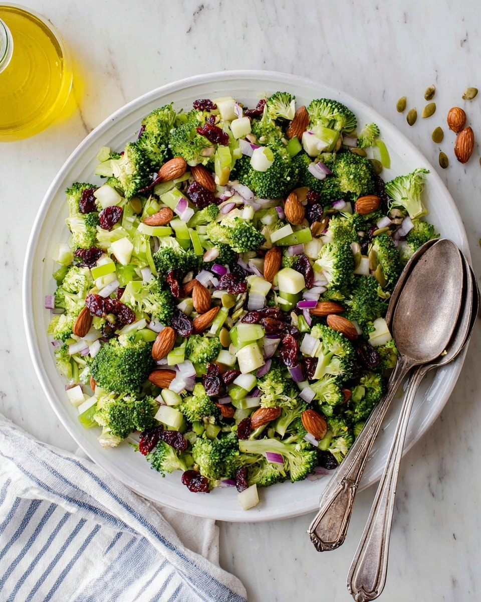 The dish shows a white plate filled with a fresh broccoli salad made of small bright green broccoli florets spread evenly as the main layer. Mixed in are scattered dark red dried cranberries and orange-brown whole almonds, adding color and texture on top. Small chopped pieces of pale green celery and finely diced light purple onions are spread throughout, giving a crunchy look. There are also small green pumpkin seeds scattered across the salad. A silver spoon and fork rest on the plate's right side, partially covered by the salad. The plate sits on a white marbled surface with a white and blue checkered cloth partially visible on the bottom right. Photo taken with an iphone --ar 4:5 --v 7