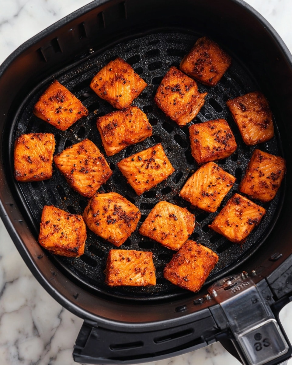 Inside a black air fryer basket, there are about sixteen evenly spaced pieces of cooked salmon chunks. Each piece is a warm orange color with a slightly crispy, textured surface, sprinkled with visible black and red seasoning flakes. The chunks show some grill marks and a well-baked look. The air fryer basket sits on a white marbled surface. photo taken with an iphone --ar 4:5 --v 7
