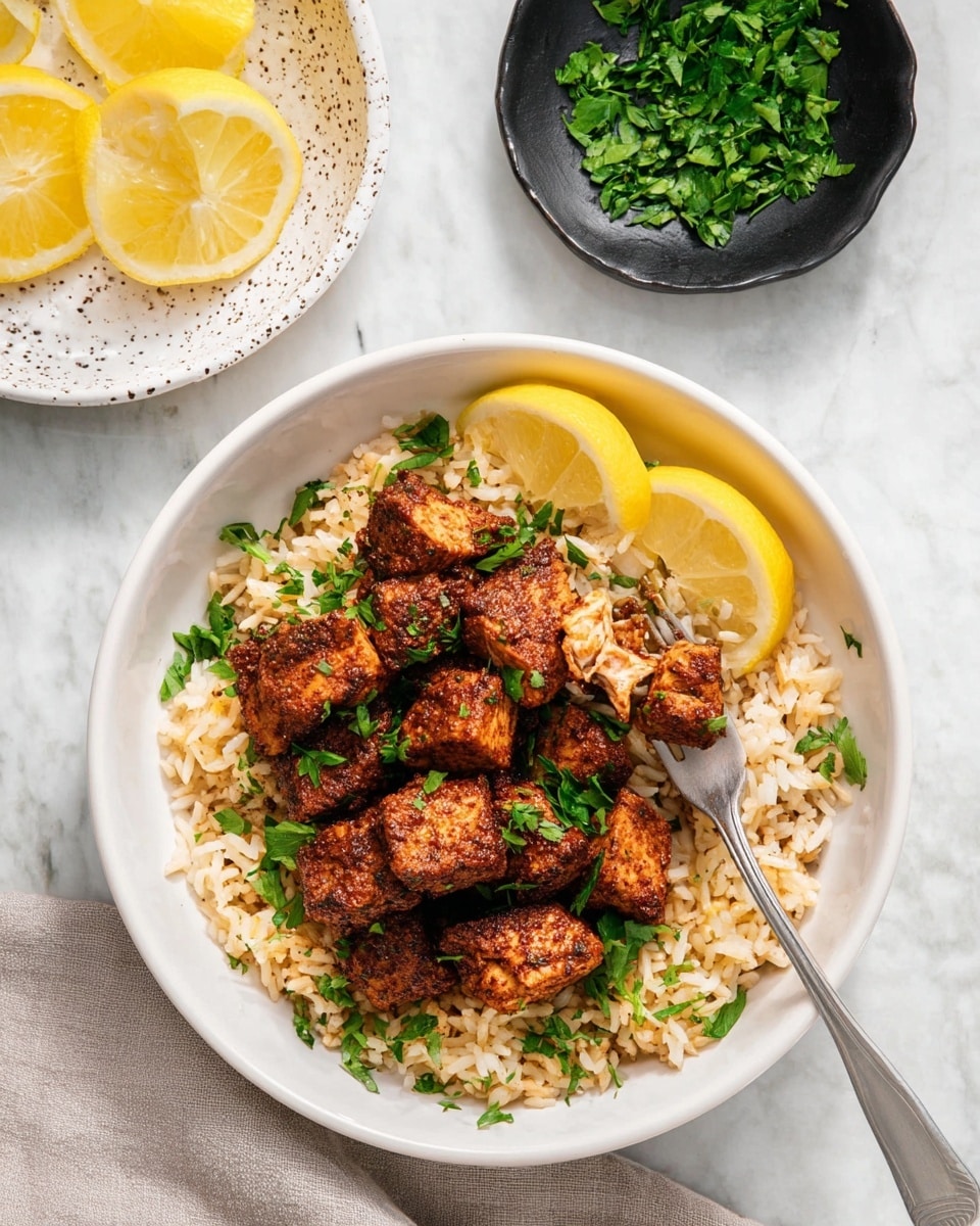 The dish has two main layers in a white bowl placed on a white marbled surface. The bottom layer is a bed of light brown rice, spread evenly around the bowl. On top, there are several pieces of dark brown, well-spiced, cooked chicken cubes with a slightly crispy texture, scattered over the rice. Bright green chopped parsley is sprinkled over the chicken and rice, adding fresh color. Two lemon wedges with a yellow rind and pale yellow insides are placed on one side of the bowl. A silver fork is resting inside the bowl, holding a piece of chicken. In the background, there is a small black bowl with green chopped herbs and a white speckled dish holding additional lemon slices. Photo taken with an iphone --ar 4:5 --v 7