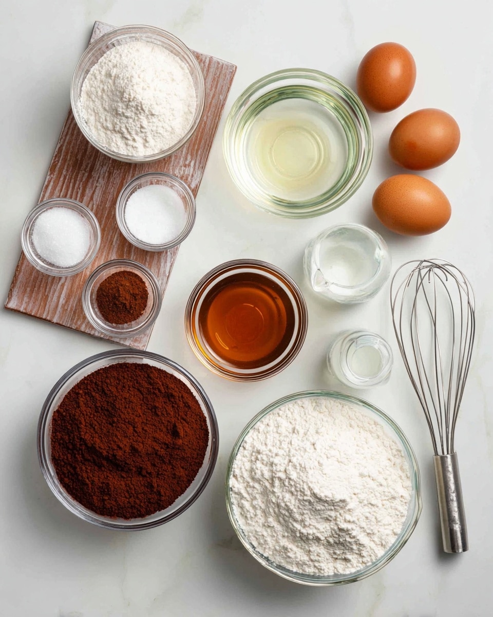 A top view of baking ingredients arranged neatly on a white marbled surface. A small white wooden board on the upper left holds four small glass bowls containing white flour, white salt, brown liquid vanilla, and white baking soda. Next to the board is a large glass bowl with a clear liquid, likely oil. Near the top right, two brown eggs sit side by side, and a small glass milk bottle is placed next to them. Below on the surface, from left to right, there is a large glass bowl filled with white sugar, another large glass bowl filled with dark brown cocoa powder, a large glass bowl full of white flour, a clear glass measuring cup with water, and a silver whisk resting on the surface. photo taken with an iphone --ar 4:5 --v 7