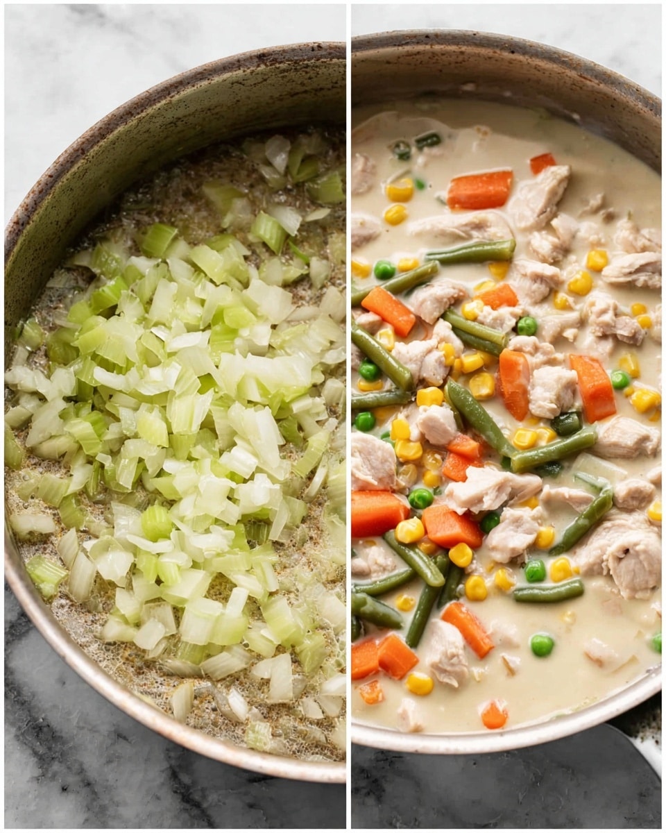 The first part of the image shows a close-up view of a metal pan with chopped light green celery and white onions cooking in a shiny liquid base. The second part of the image shows the same pan with creamy light sauce mixed with small, light brown pieces of chicken and colorful mixed vegetables including green beans, orange carrots, yellow corn, and green peas on top. The background is a white marbled texture photo taken with an iphone --ar 4:5 --v 7