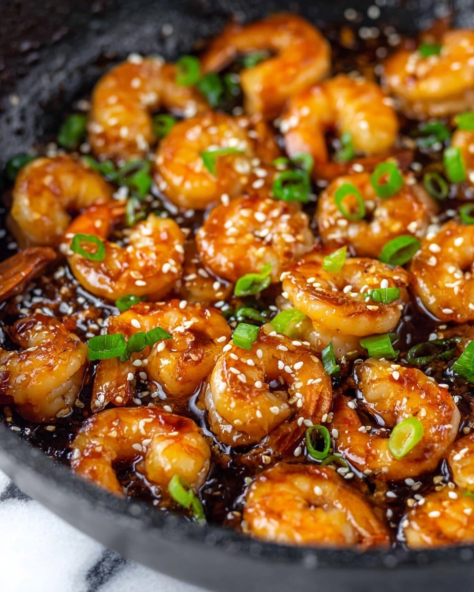 This image shows a close-up of cooked shrimp in a black pan, each shrimp orange-pink and glossy with a sticky, dark brown sauce coating them. Small white sesame seeds are scattered over the shrimp, along with pieces of bright green chopped scallions adding a fresh color contrast. The shrimp's curved shapes sit closely together, with a shiny, juicy texture suggesting they are well sauced. The background is a white marbled surface. photo taken with an iphone --ar 4:5 --v 7