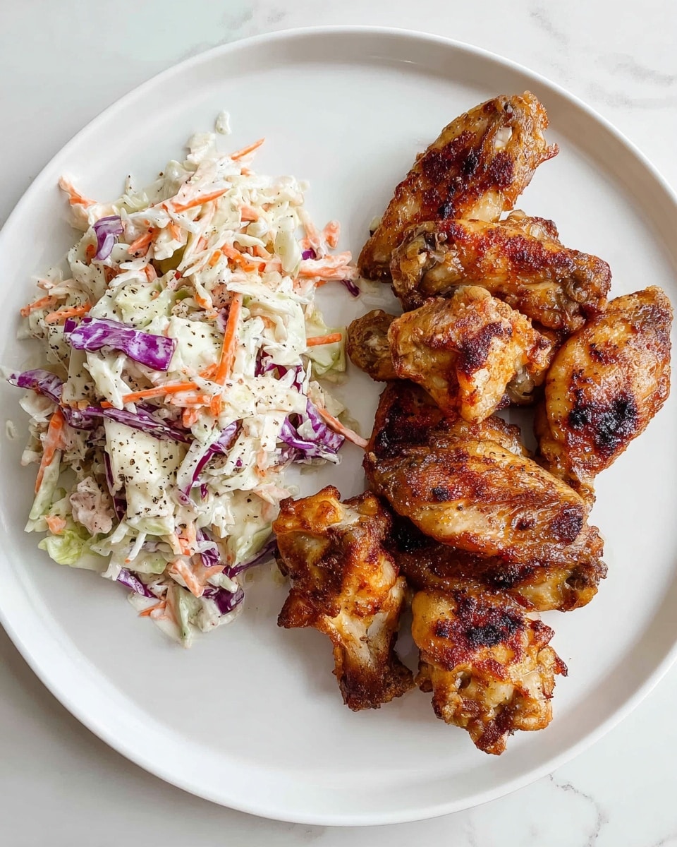 A white plate sits on a white marbled surface, holding a serving of golden-brown chicken wings arranged in a loose pile on the right side. The wings have a crispy texture with some darker, charred spots that add depth to the color. On the left side of the plate, there is a portion of creamy coleslaw made up of shredded white cabbage, thin carrot strips, and bits of purple cabbage, all coated in a smooth, white dressing with visible black pepper specks. The contrast between the warm, browned wings and the cool, colorful slaw creates a balanced and inviting look. photo taken with an iphone --ar 4:5 --v 7