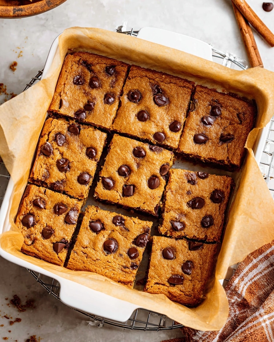 The image shows a white baking dish lined with light brown parchment paper, filled with a single thick layer of chocolate chip blondies. The blondies have a golden-brown top with scattered dark chocolate chips melted slightly on the surface. The blondies are cut into nine square pieces, with one piece removed and slightly lifted in the center, showing the soft, moist texture inside. The dish is placed on a cooling rack over a white marbled surface, and parts of a cinnamon stick and a woman's hand holding the removed piece are partially visible in the frame. Photo taken with an iphone --ar 4:5 --v 7