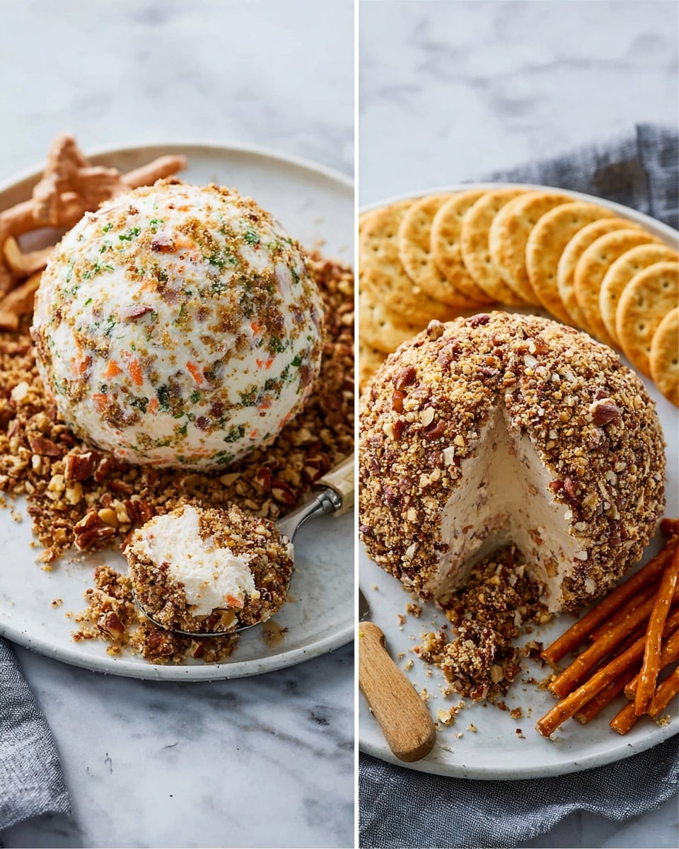 The image shows two views of a cheese ball appetizer on a white plate with nuts crushed underneath and around it, placed on a white marbled textured surface. On the left, the cheese ball is round, creamy white with orange and green bits mixed in, sitting on a thick layer of chopped nuts that are brown and textured. On the right, the cheese ball is coated in chopped nuts, giving a rough brown and beige surface, with a wedge cut out revealing a creamy white inside. The plate also holds a neat row of round pale yellow crackers on one side and orange crunchy twisted snacks on the other. A small knife with a white marbled handle rests on the plate near the snacks, and one cracker in front carries a spread of the cheese ball mix. Photo taken with an iphone --ar 4:5 --v 7