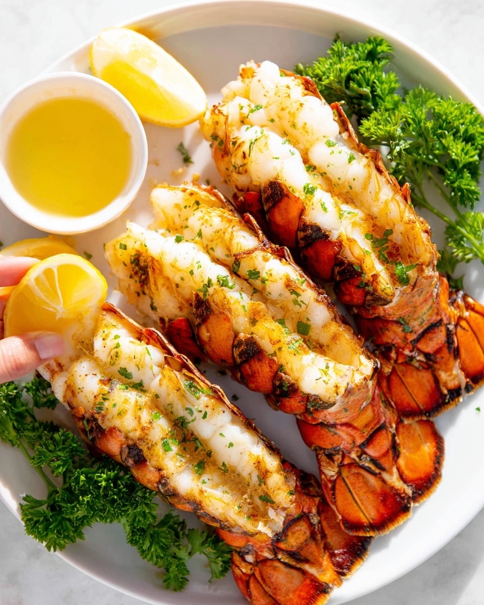 The image shows a white plate on a white marbled surface with four grilled lobster tails arranged side by side. Each lobster tail has bright orange shells and white, slightly charred meat on top, sprinkled with green herbs. There are small lemon wedges placed on the left side of the plate and fresh green parsley sprigs scattered around and under the lobster tails. At the top center of the plate, there is a small white bowl filled with melted butter. A woman's hand is holding one lemon wedge gently on the left side of the plate. The lighting is bright and natural, highlighting the textures and colors vividly photo taken with an iphone --ar 4:5 --v 7