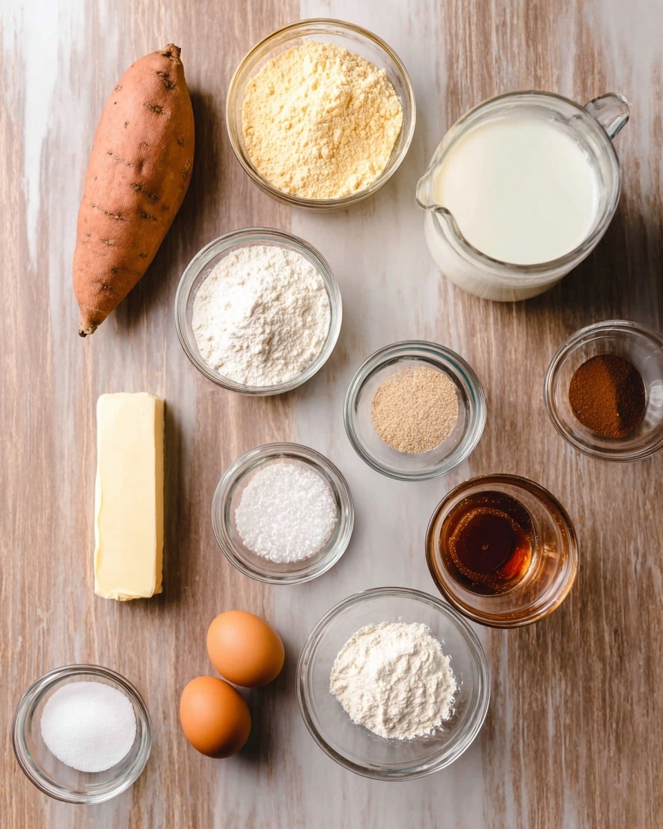 The image shows an overhead view of various baking ingredients arranged neatly on a white marbled surface. There are nine small glass bowls spread out in the center and around them, each containing different ingredients: one with a pale yellow flour-like substance, another with white flour, one with white granulated sugar, one with a light brown powder, one with white powder, and one with salt. Two brown eggs sit side by side near the bottom left, with a stick of butter placed horizontally just below them. In the top left corner, there is a raw sweet potato, and near the top right, a glass containing a white liquid, likely milk. A clear glass bottle of maple syrup with a brown cap is on the left side. The ingredients are neatly placed with clear spacing between them, and the surface underneath is smooth with a subtle white marble pattern. Photo taken with an iphone --ar 4:5 --v 7
